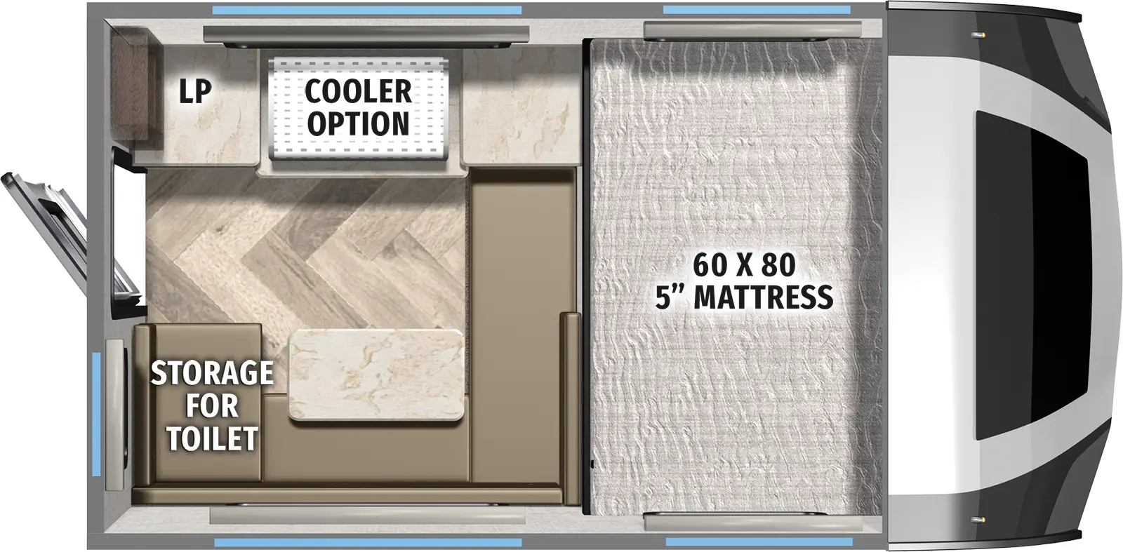 The Real Lite Truck Camper R-780H floorplan features include: toilet.